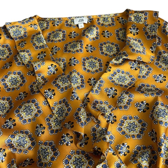 River Island Mustard Baroque Print‎ Satin Crop Top Ruffle Neckline  US 8 / UK 12 - Picture 5 of 11